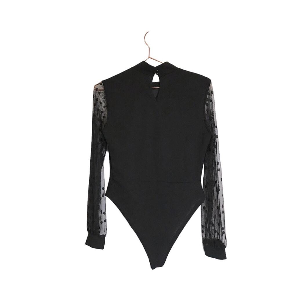 Boohoo Black mock neck bodysuit with semi sheer polka dot sleeves size 6